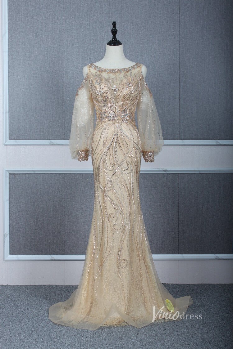 Beaded Gold Prom Dresses Cold Shoulder Puff Sleeve Evening Dress FD2773-Evening Dresses 2025 -Viniodress-Gold-US 2-