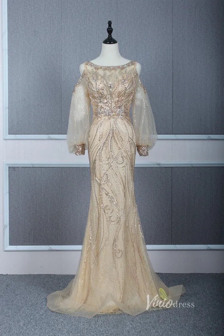 Beaded Gold Prom Dresses Cold Shoulder Puff Sleeve Evening Dress FD2773-Evening Dresses 2025 -Viniodress-Gold-US 2-
