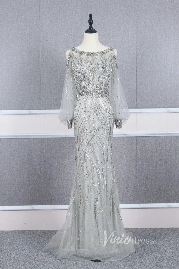 Beaded Gold Prom Dresses Cold Shoulder Puff Sleeve Evening Dress FD2773-Evening Dresses 2025 -Viniodress-Grey-US 2-