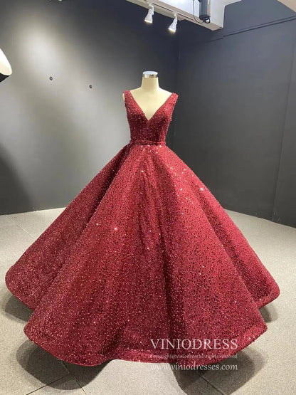 Beaded Gray Ball Gown V-neck Prom Dresses 67288 viniodress-Evening Dresses 2025 -Viniodress-Burgundy-Custom Size-