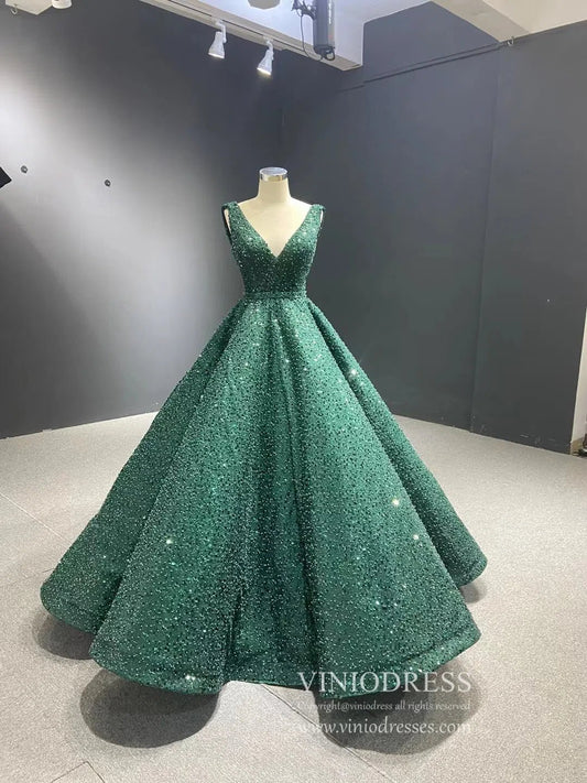 Beaded Gray Ball Gown V-neck Prom Dresses 67288 viniodress-Evening Dresses 2025 -Viniodress-Green-Custom Size-