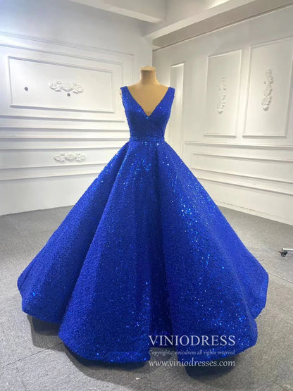 Beaded Gray Ball Gown V-neck Prom Dresses 67288 viniodress-Evening Dresses 2025 -Viniodress-Royal Blue-Custom Size-