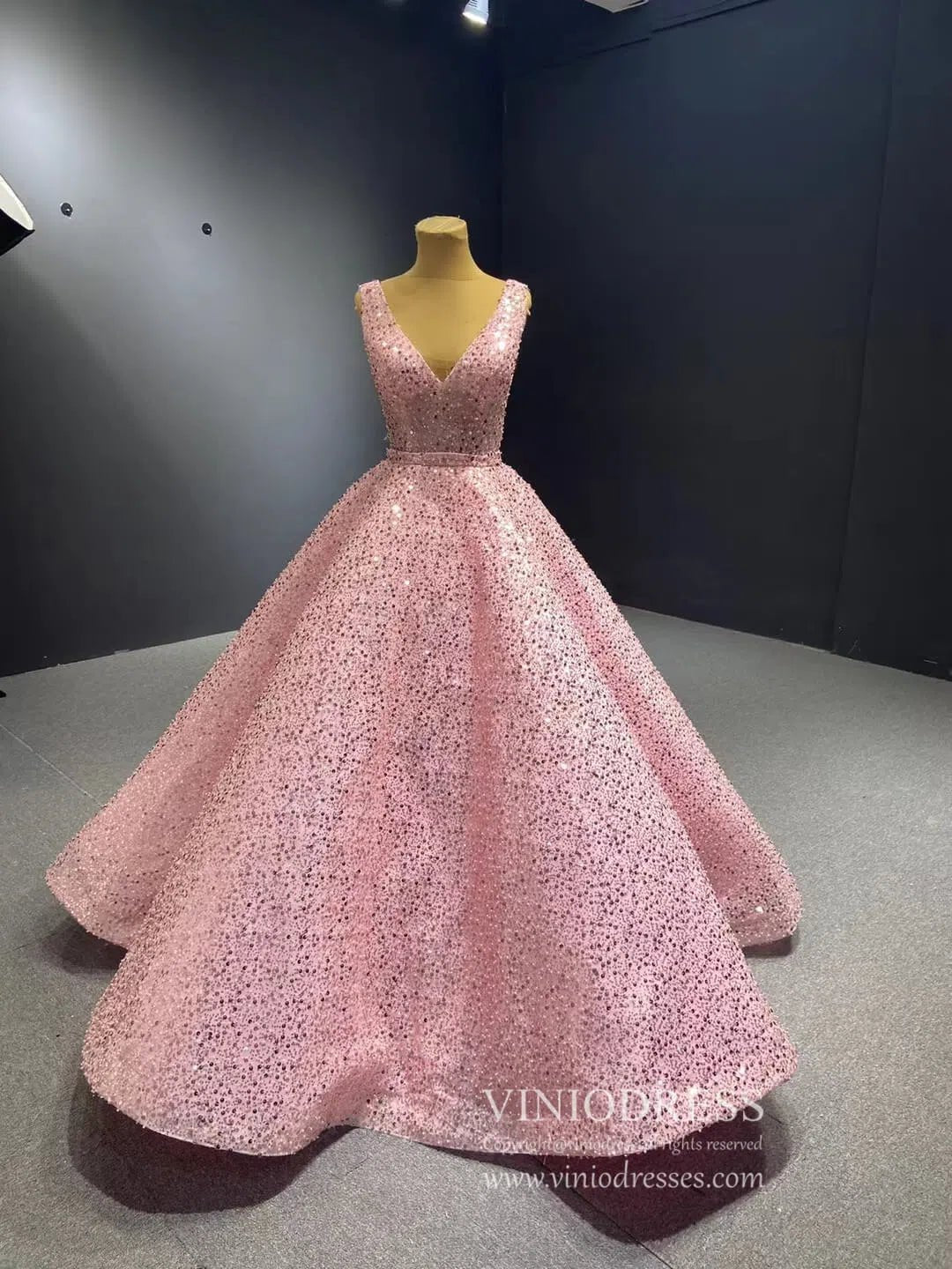 Beaded Gray Ball Gown V-neck Prom Dresses 67288 viniodress-Evening Dresses 2025 -Viniodress-Grey-Custom Size-