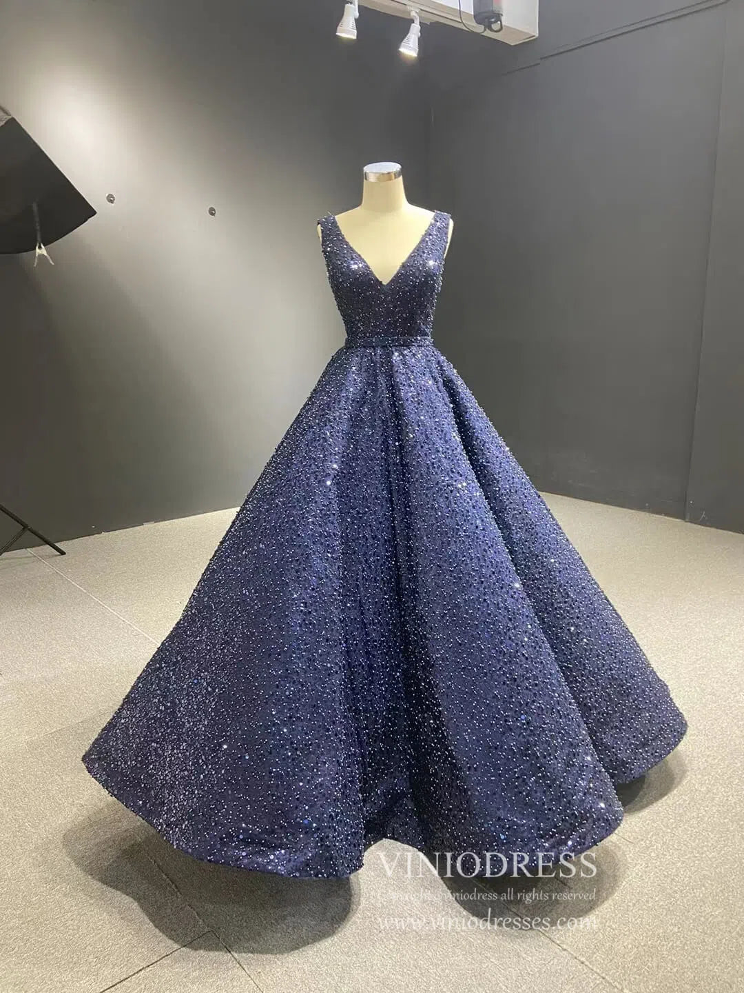 Beaded Gray Ball Gown V-neck Prom Dresses 67288 viniodress-Evening Dresses 2025 -Viniodress-Navy Blue-Custom Size-