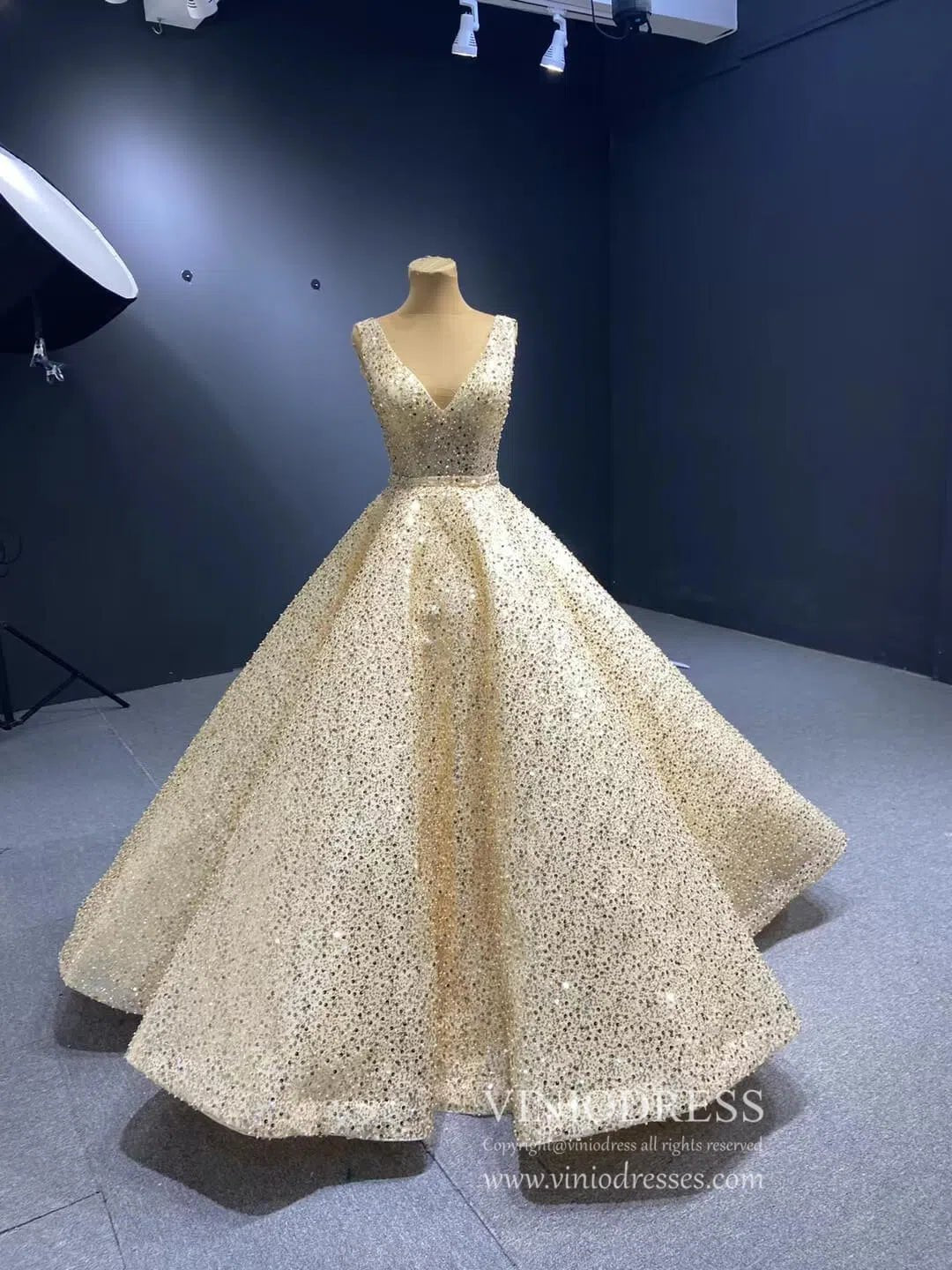 Beaded Gray Ball Gown V-neck Prom Dresses 67288 viniodress-Evening Dresses 2025 -Viniodress-Champagne-Custom Size-