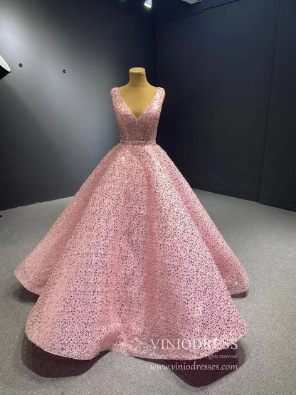 Beaded Gray Ball Gown V-neck Prom Dresses 67288 viniodress-Evening Dresses 2025 -Viniodress-Pink-Custom Size-