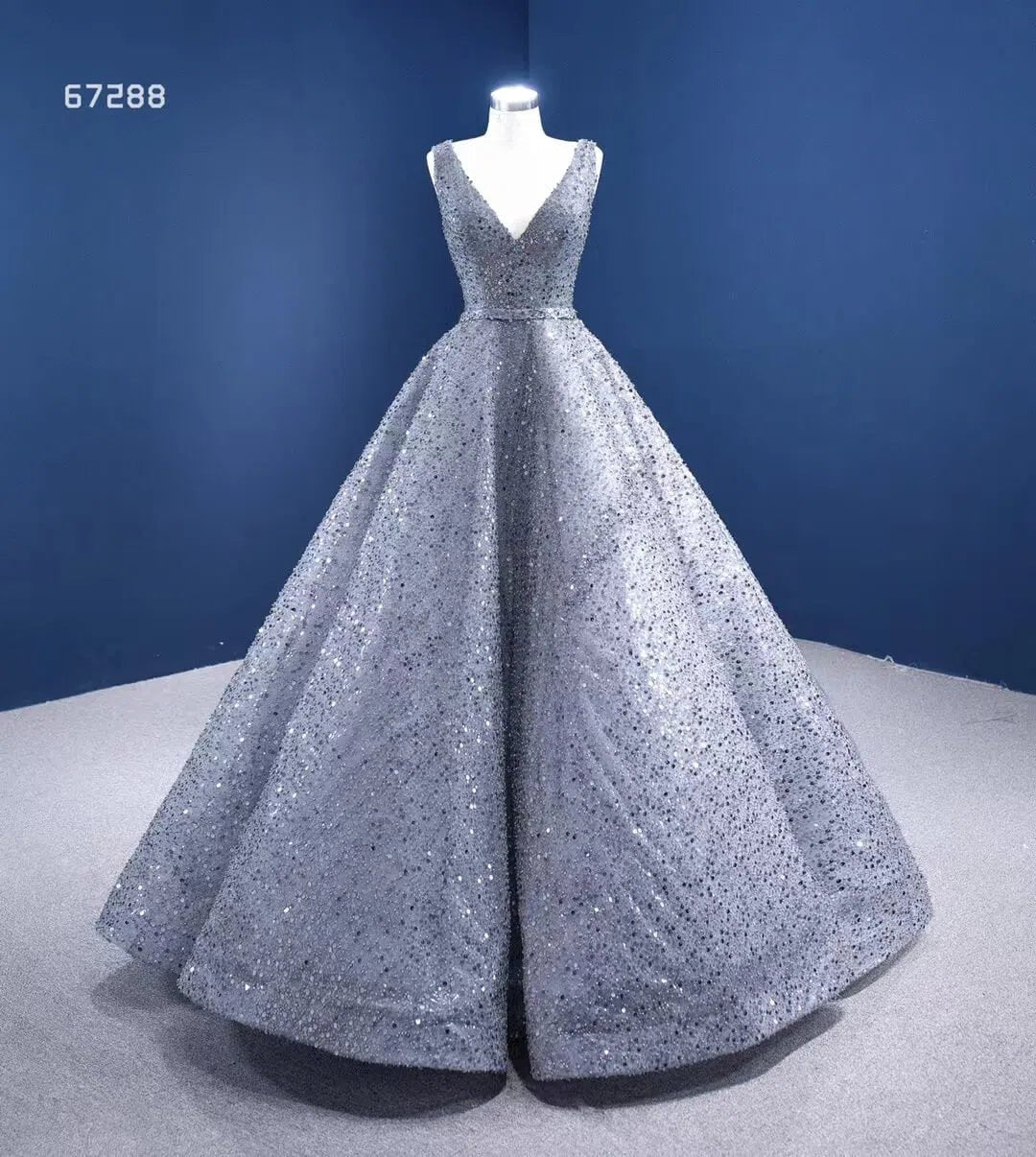 Beaded Gray Ball Gown V-neck Prom Dresses 67288 viniodress-Evening Dresses 2025 -Viniodress-Grey-Custom Size-