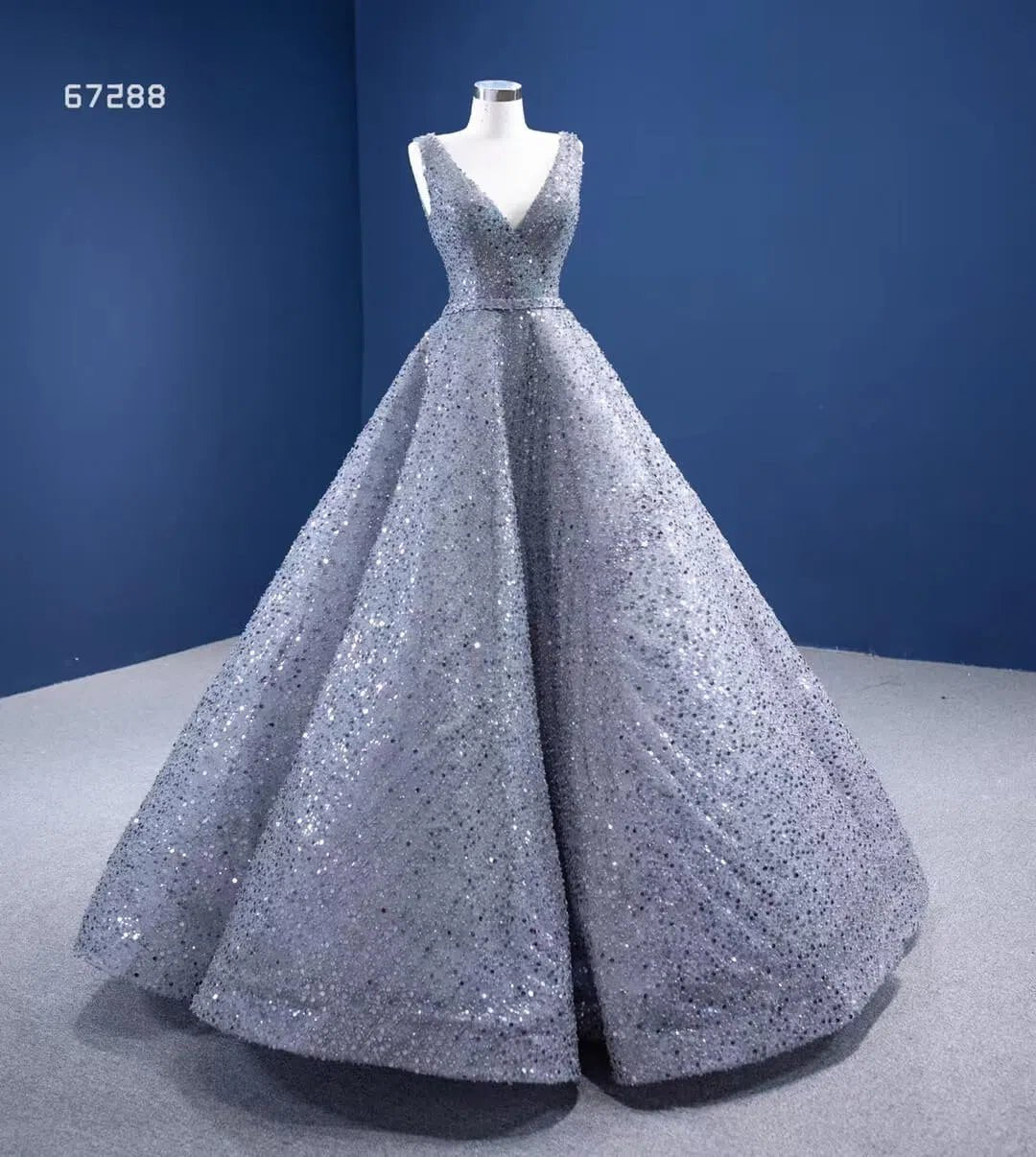 Beaded Gray Ball Gown V-neck Prom Dresses 67288 viniodress-Evening Dresses 2025 -Viniodress-Grey-Custom Size-