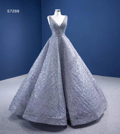 Beaded Gray Ball Gown V-neck Prom Dresses 67288 viniodress-Evening Dresses 2025 -Viniodress-Grey-Custom Size-