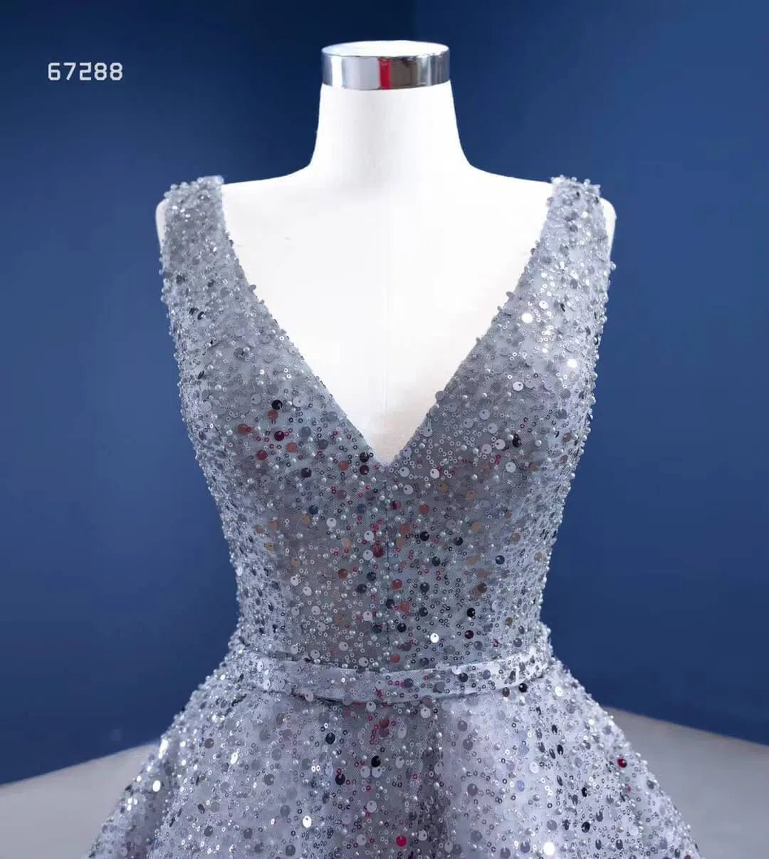 Beaded Gray Ball Gown V-neck Prom Dresses 67288 viniodress-Evening Dresses 2025 -Viniodress-Grey-Custom Size-