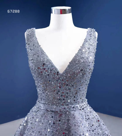 Beaded Gray Ball Gown V-neck Prom Dresses 67288 viniodress-Evening Dresses 2025 -Viniodress-Grey-Custom Size-