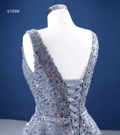 Beaded Gray Ball Gown V-neck Prom Dresses 67288 viniodress-Evening Dresses 2025 -Viniodress-Grey-Custom Size-