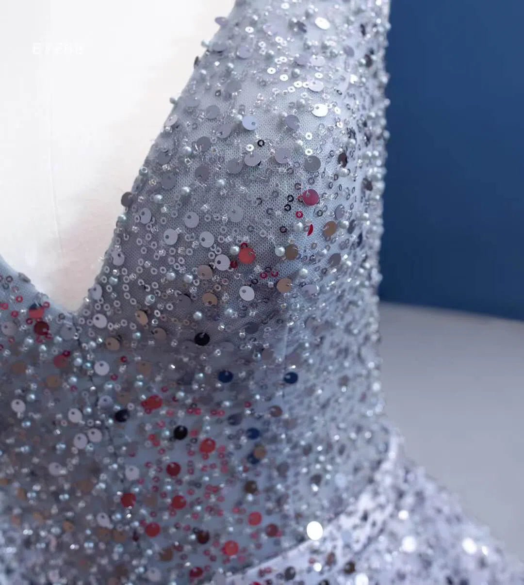 Beaded Gray Ball Gown V-neck Prom Dresses 67288 viniodress-Evening Dresses 2025 -Viniodress-Grey-Custom Size-