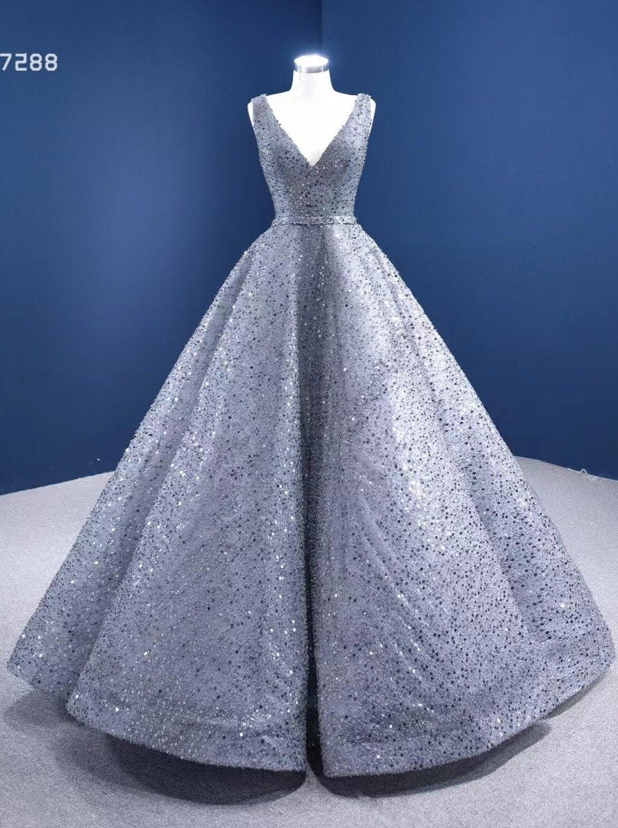 Prom Dress 2025 Beaded Gray Ball Gown V-neck Prom Dresses 67288 viniodress-unique prom dresses-Grey-Custom Size-Viniodress