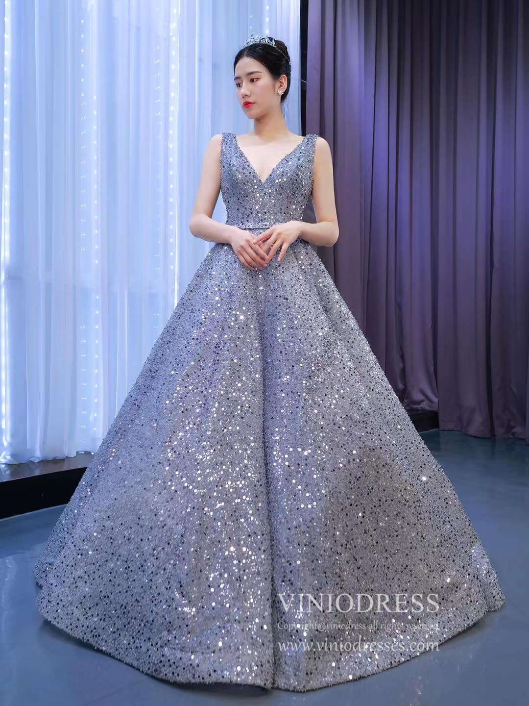 Prom Dress 2025 Beaded Gray Ball Gown V-neck Prom Dresses 67288 viniodress-unique prom dresses-Grey-Custom Size-Viniodress