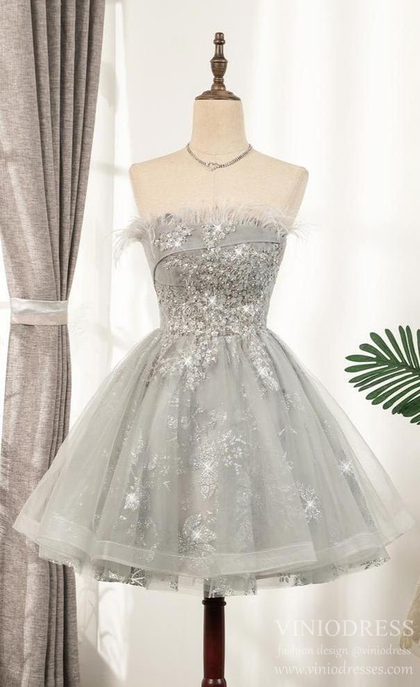 Beaded Gray Feather Homecoming Dresses SD1388 VINIODRESS-Homecoming Dresses 2025 -VINIODRESS-US2-Grey-
