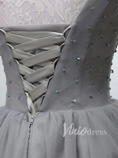 Beaded Gray Tulle Homecoming Dresses V Neck SD1172-Homecoming Dresses 2025 -Viniodress-Grey-Custom Size-