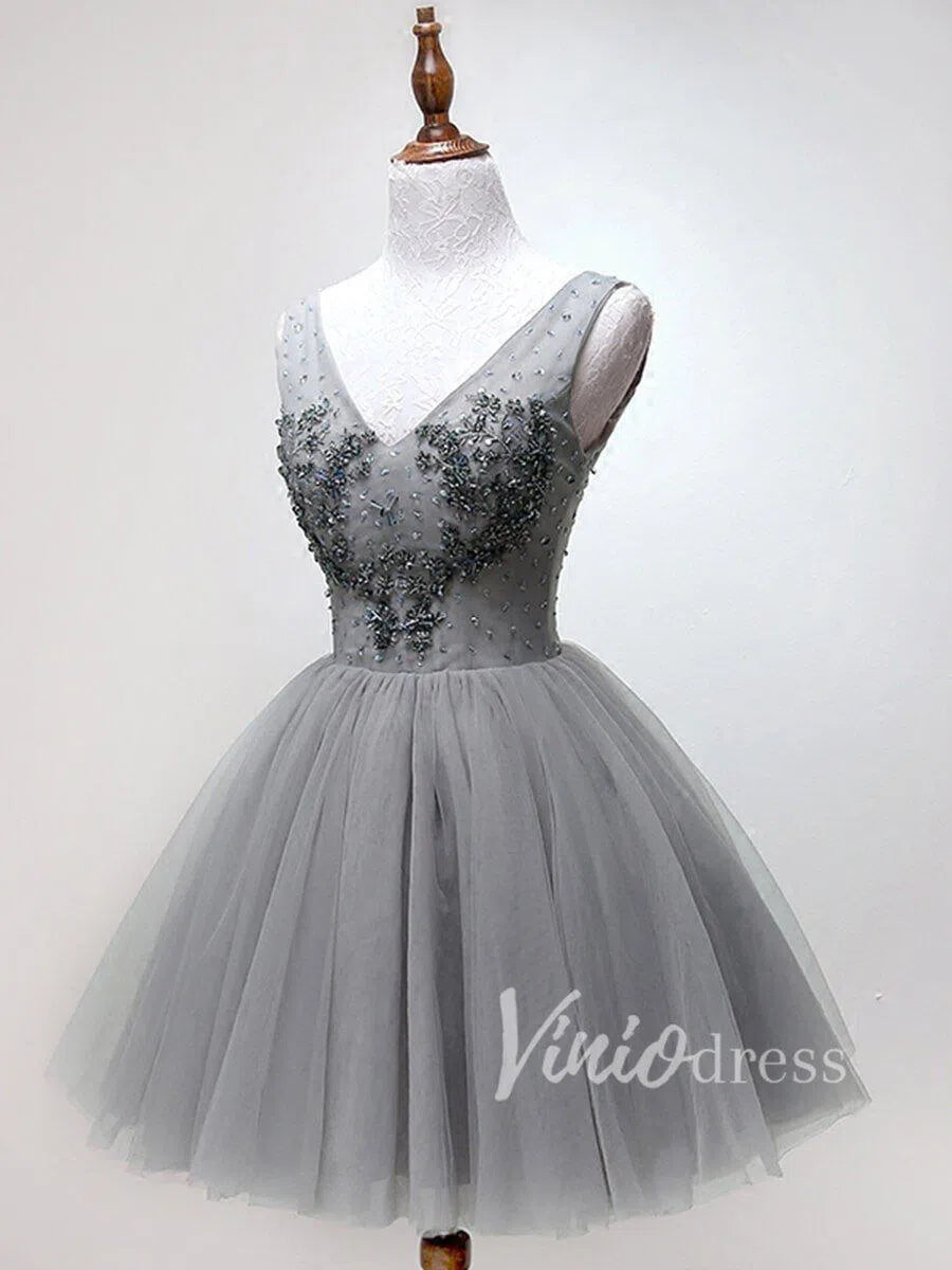 Beaded Gray Tulle Homecoming Dresses V Neck SD1172-Homecoming Dresses 2025 -Viniodress-Grey-Custom Size-