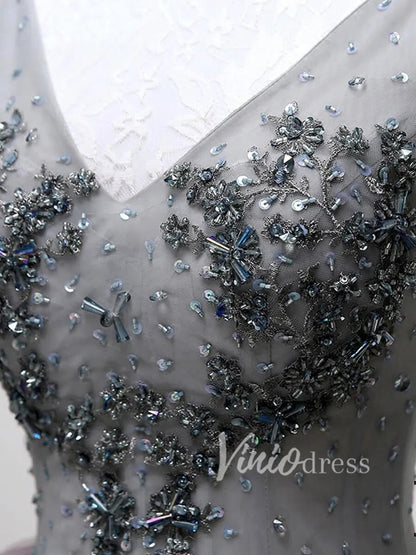 Beaded Gray Tulle Homecoming Dresses V Neck SD1172-Homecoming Dresses 2025 -Viniodress-Grey-Custom Size-