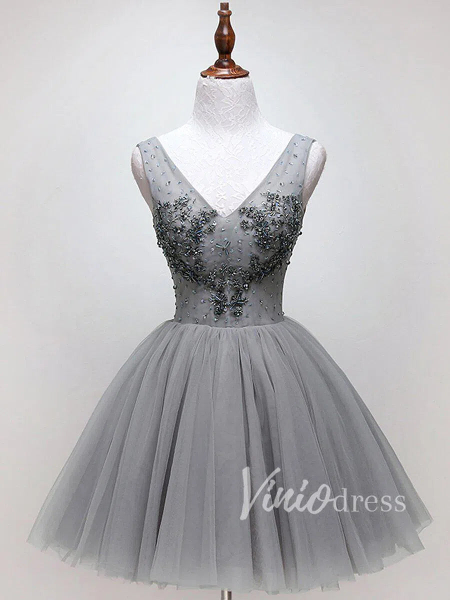 Beaded Gray Tulle Homecoming Dresses V Neck SD1172-Homecoming Dresses 2025 -Viniodress-Grey-Custom Size-