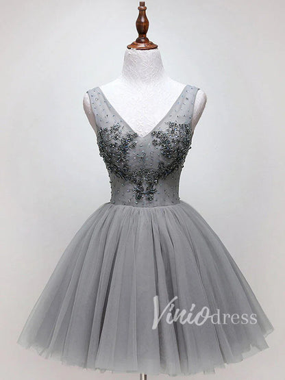Beaded Gray Tulle Homecoming Dresses V Neck SD1172-Homecoming Dresses 2025 -Viniodress-Grey-Custom Size-