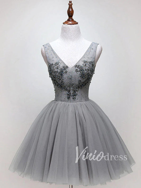 Beaded Gray Tulle Homecoming Dresses V Neck SD1172-Homecoming Dresses 2025 -Viniodress-Grey-Custom Size-