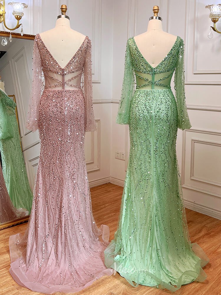 Beaded Green 1920s Evening Dresses Long Sleeve Pink Prom Dress 20046-Evening Dresses 2025 -Viniodress-As Picture-US 2-