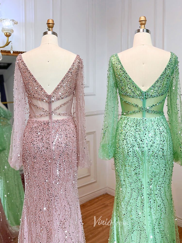 Beaded Green 1920s Evening Dresses Long Sleeve Pink Prom Dress 20046-Evening Dresses 2025 -Viniodress-As Picture-US 2-
