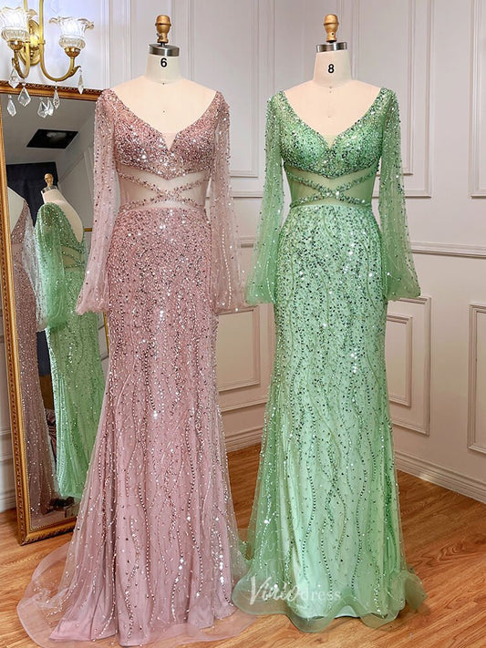 Beaded Green 1920s Evening Dresses Long Sleeve Pink Prom Dress 20046-Evening Dresses 2025 -Viniodress-As Picture-US 2-