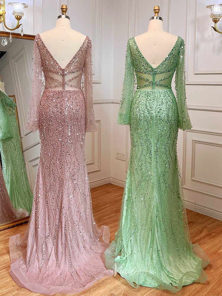 Prom Dress 2025 Beaded Green 1920s Evening Dresses Long Sleeve Pink Prom Dress 20046-unique prom dresses-As Picture-US 2-Viniodress