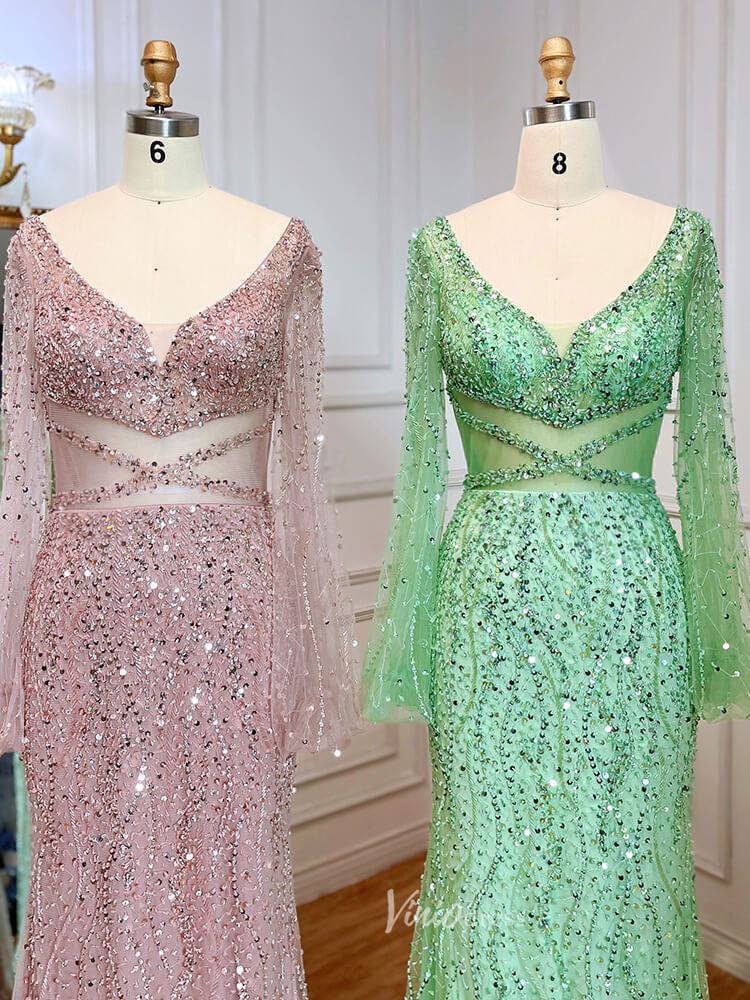 Prom Dress 2025 Beaded Green 1920s Evening Dresses Long Sleeve Pink Prom Dress 20046-unique prom dresses-As Picture-US 2-Viniodress