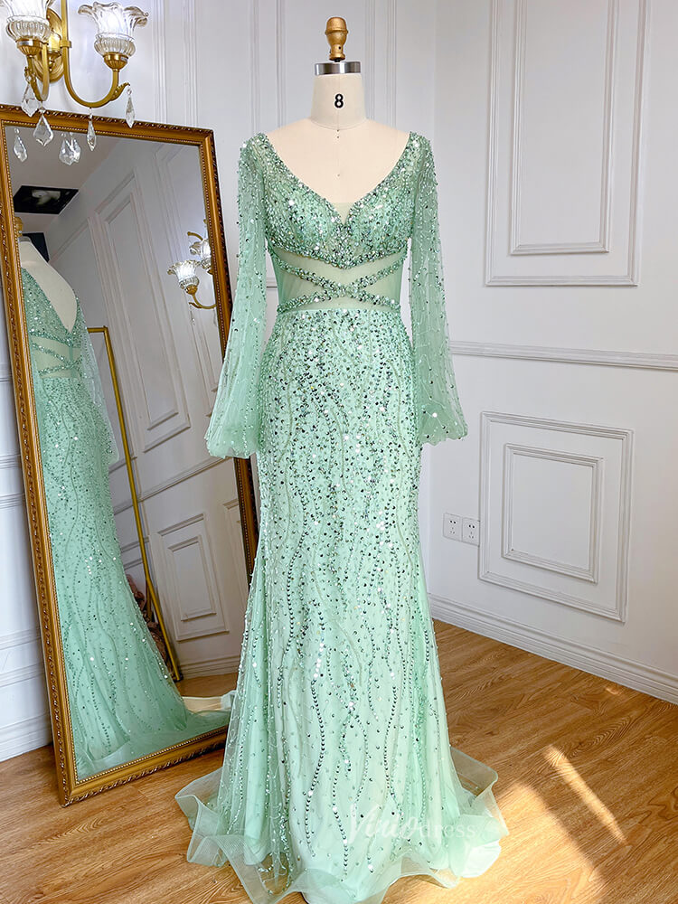 Prom Dress 2025 Beaded Green 1920s Evening Dresses Long Sleeve Pink Prom Dress 20046-unique prom dresses-Light Green-US 2-Viniodress