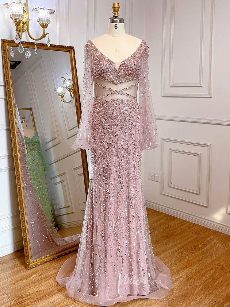 Prom Dress 2025 Beaded Green 1920s Evening Dresses Long Sleeve Pink Prom Dress 20046-unique prom dresses-Pink-US 2-Viniodress