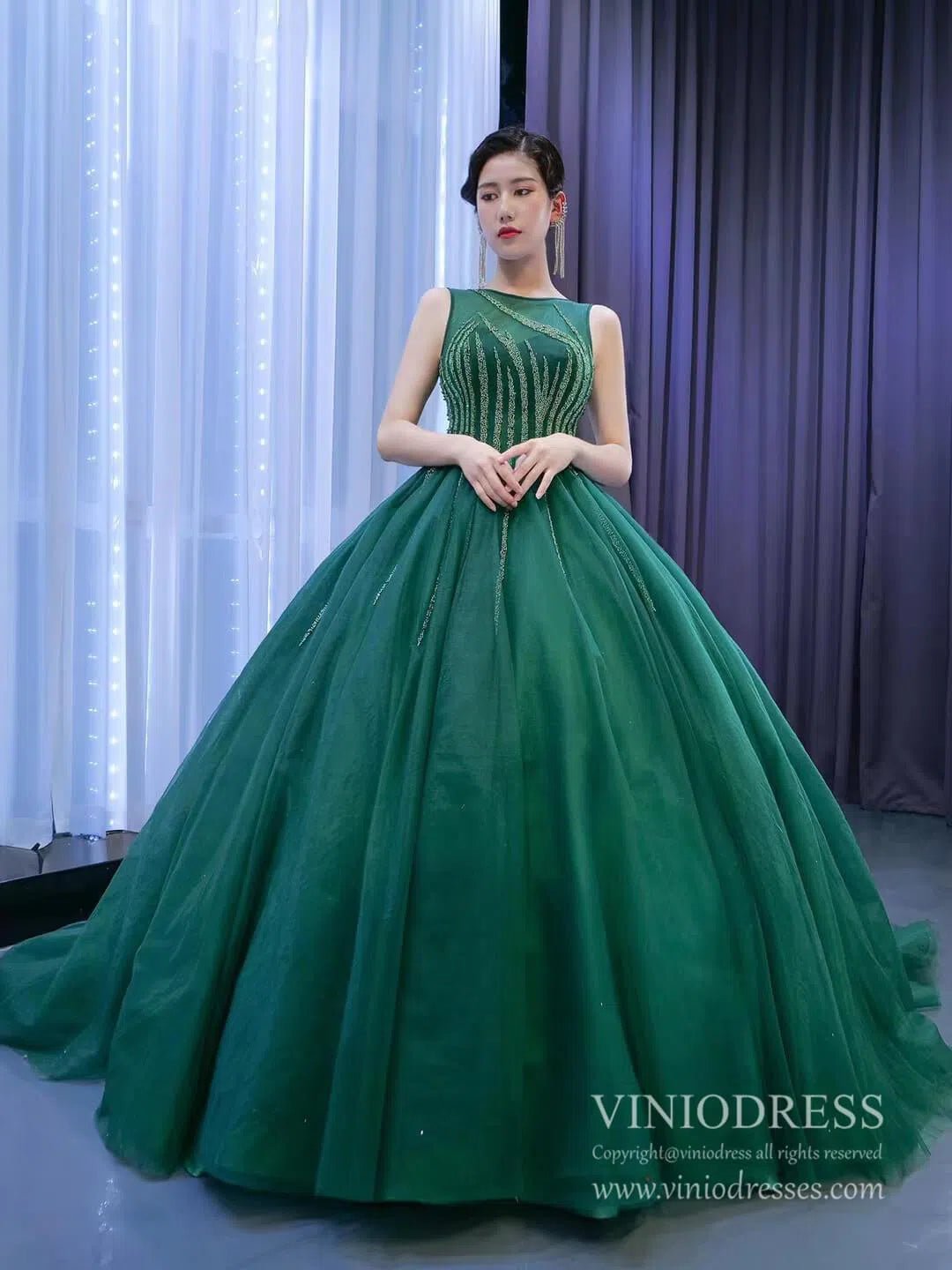 Beaded Green Ball Gown Rose Pink Prom Dresses 67237 viniodress-Quinceanera Dresses 2025 -Viniodress-Green-Custom Size-