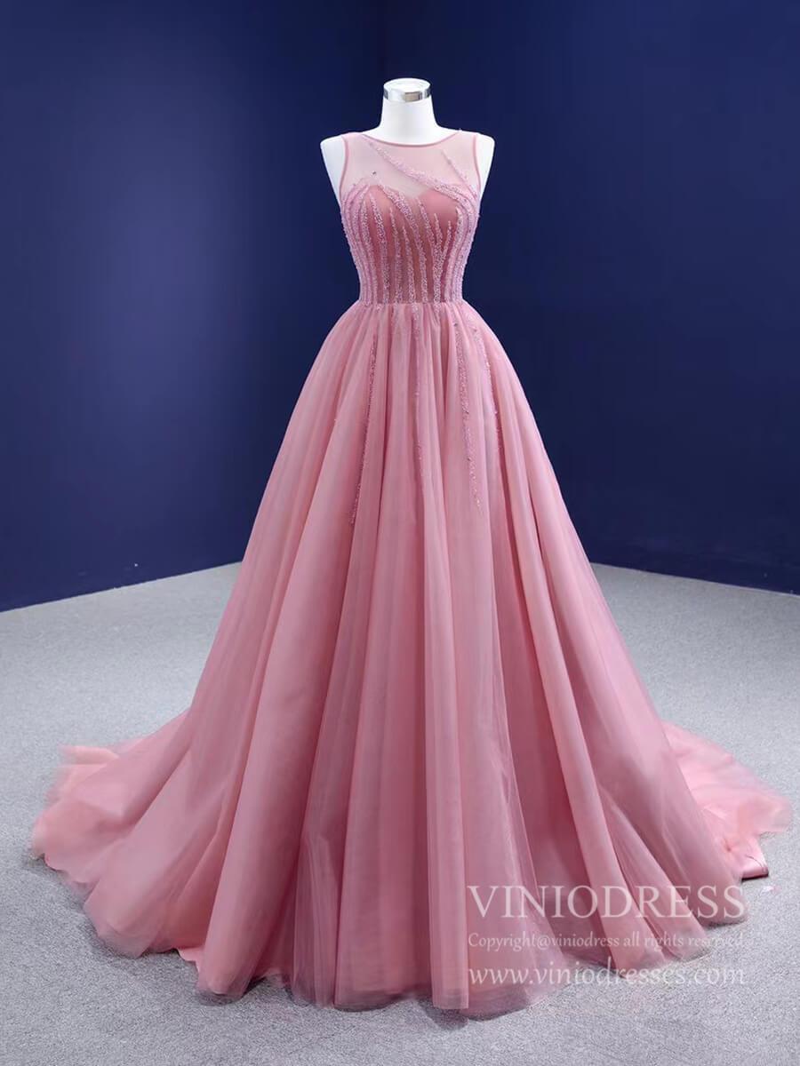 Beaded Green Ball Gown Rose Pink Prom Dresses 67237 viniodress-Quinceanera Dresses 2025 -Viniodress-Rose Pink-Custom Size-