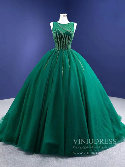 Beaded Green Ball Gown Rose Pink Prom Dresses 67237 viniodress-Quinceanera Dresses 2025 -Viniodress-Green-Custom Size-