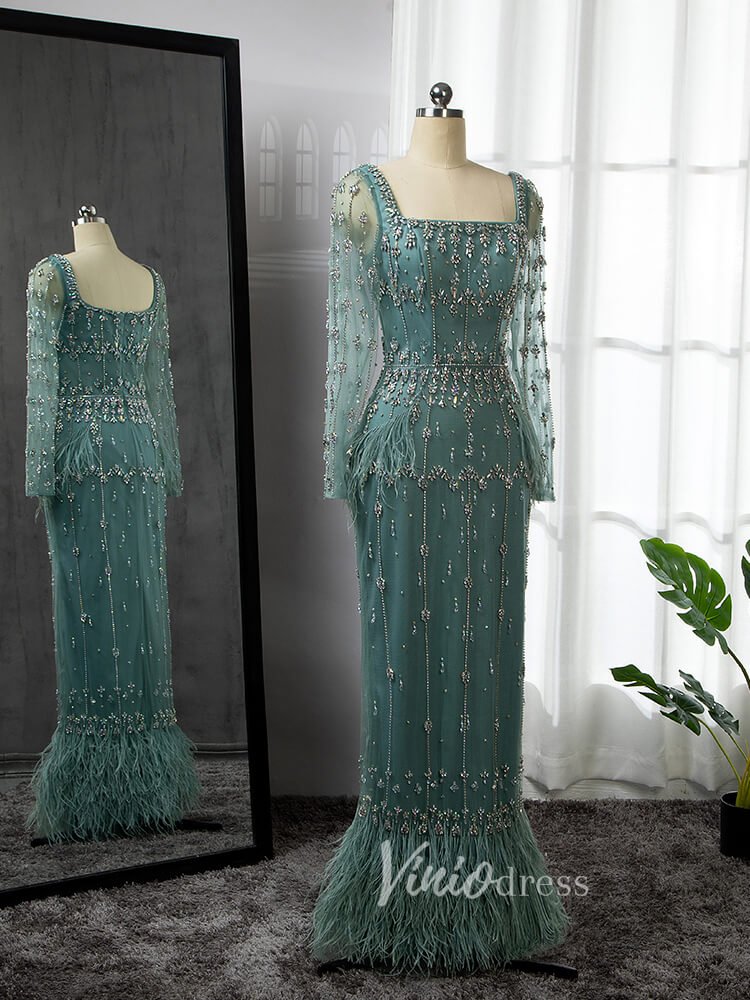 Beaded Green Evening Gown Long Sleeve Sheath Formal Dress Square Neck 20021-Evening Dresses 2025 -Viniodress-Green-US 2-