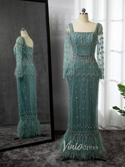 Beaded Green Evening Gown Long Sleeve Sheath Formal Dress Square Neck 20021-Evening Dresses 2025 -Viniodress-Green-US 2-