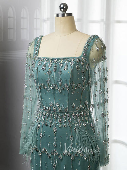 Beaded Green Evening Gown Long Sleeve Sheath Formal Dress Square Neck 20021-Evening Dresses 2025 -Viniodress-Green-US 2-