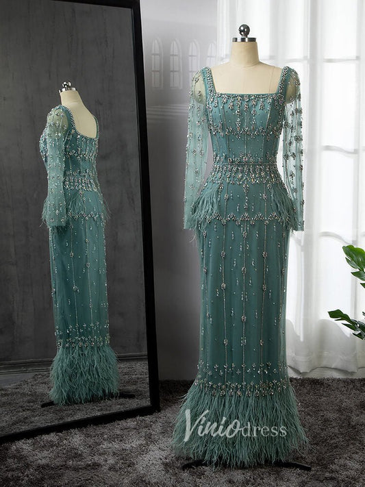 Beaded Green Evening Gown Long Sleeve Sheath Formal Dress Square Neck 20021-Evening Dresses 2025 -Viniodress-Green-US 2-