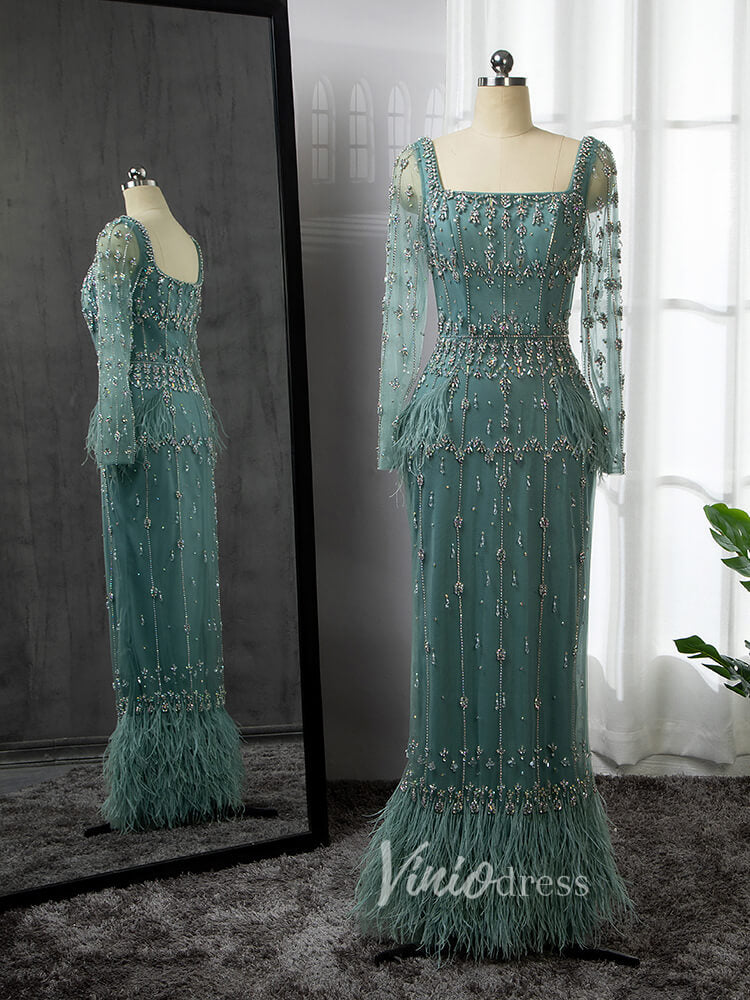 Prom Dress 2025 Beaded Green Evening Gown Long Sleeve Sheath Formal Dress Square Neck 20021-unique prom dresses-Green-US 2-Viniodress