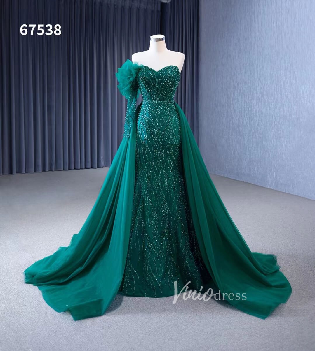 Beaded Green Mermaid Wedding Dresses Removable Overskirt One Shoulder Formal Dress 67538 - Viniodresswedding dressesGreenCustom Size - Formal Dresses - Ball Gowns