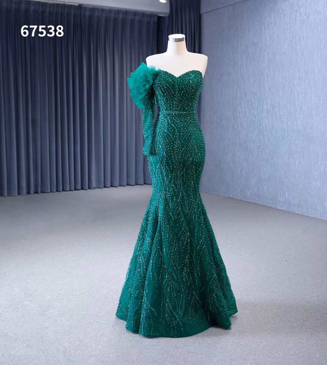 Beaded Green Mermaid Wedding Dresses Removable Overskirt One Shoulder Formal Dress 67538 - Viniodresswedding dressesGreenCustom Size - Formal Dresses - Ball Gowns