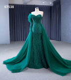 Beaded Green Mermaid Wedding Dresses Removable Overskirt One Shoulder Formal Dress 67538-wedding dresses-Viniodress-Viniodress