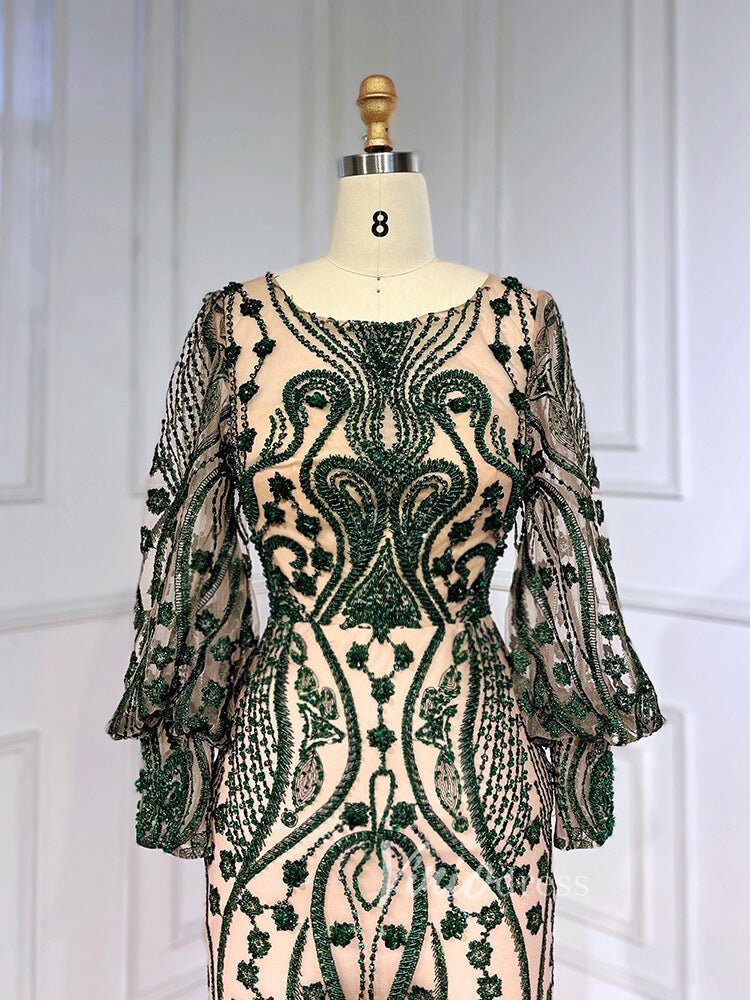 Beaded Green Mother of Bride Dress Vintage Long Sleeve Evening Dresses Viniodress Beaded Green Mother of Bride Dress Vintage Long Sleeve Evening Dresses Viniodress