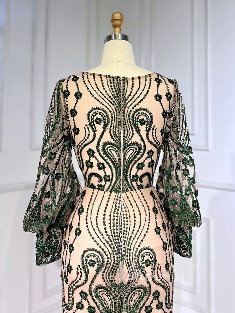 Beaded Green Mother of Bride Dress Vintage Long Sleeve Evening Dresses –  Viniodress