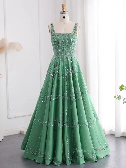 Beaded Green Prom Dresses Elegant Square Neck Formal Dresses A - line BD054 - ViniodressEvening DressesSquareGreen - Formal Dresses - Ball Gowns