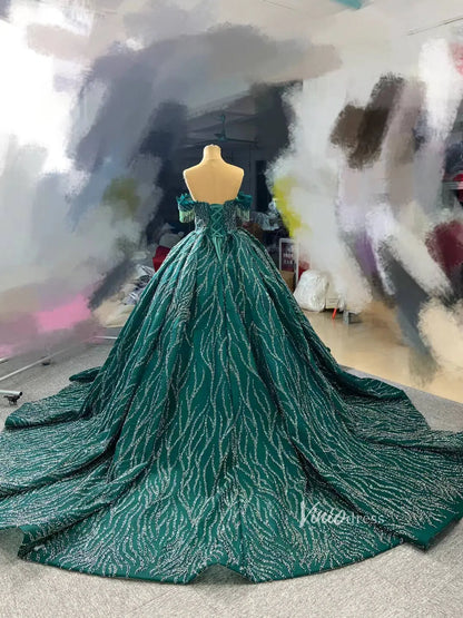 Beaded Green Wedding Dresses Off the Shoulder Quince Dress 67411-wedding dresses 2025 -Viniodress-Emerald Green-Custom Size-
