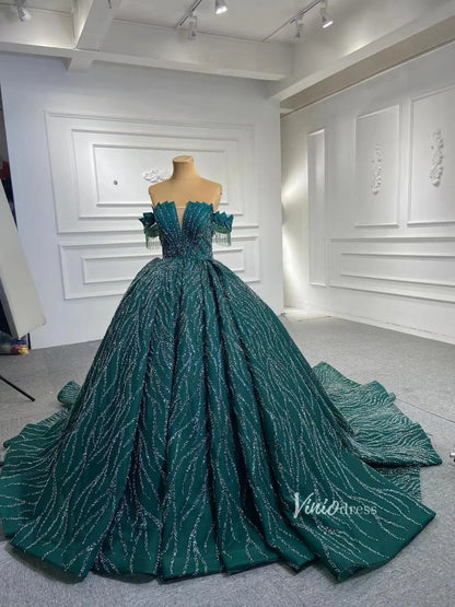 Beaded Green Wedding Dresses Off the Shoulder Quince Dress 67411-wedding dresses 2025 -Viniodress-Emerald Green-Custom Size-
