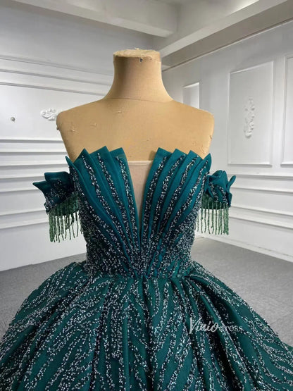 Beaded Green Wedding Dresses Off the Shoulder Quince Dress 67411-wedding dresses 2025 -Viniodress-Emerald Green-Custom Size-